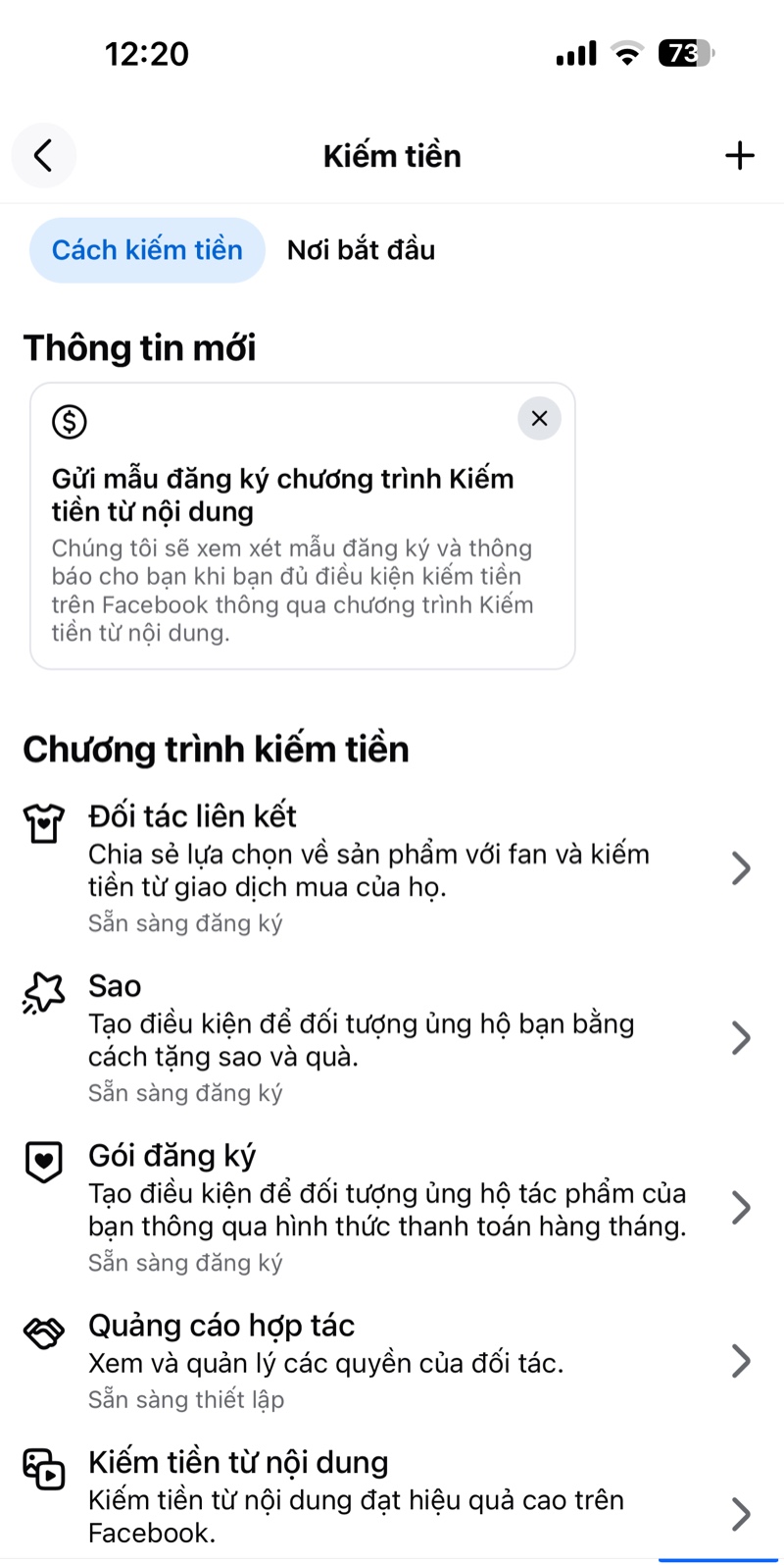Facebook mục Kiếm tiền, danh sách Chương trình kiếm tiền với mục Đối tác liên kết