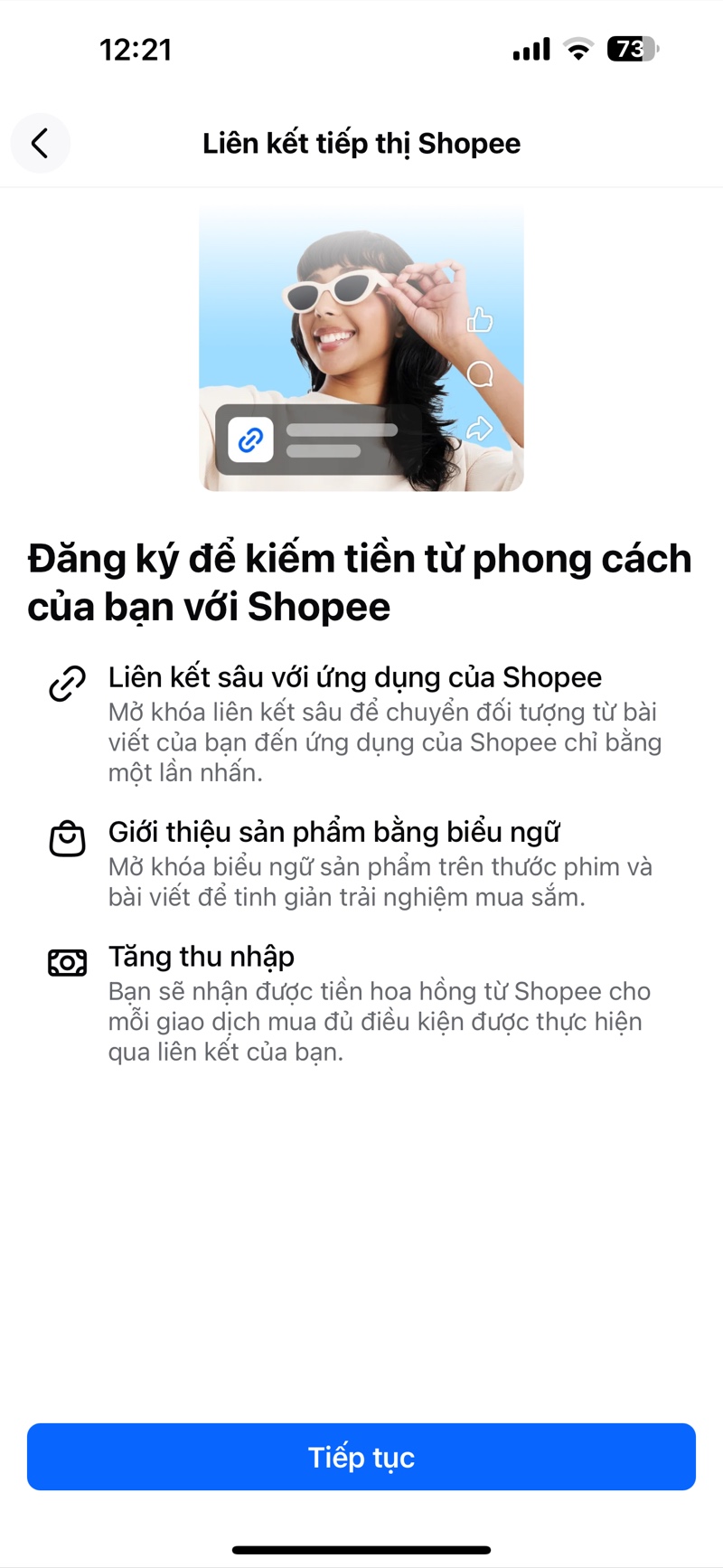Màn hình Liên kết tiếp thị Shopee trên Facebook với nút Tiếp tục