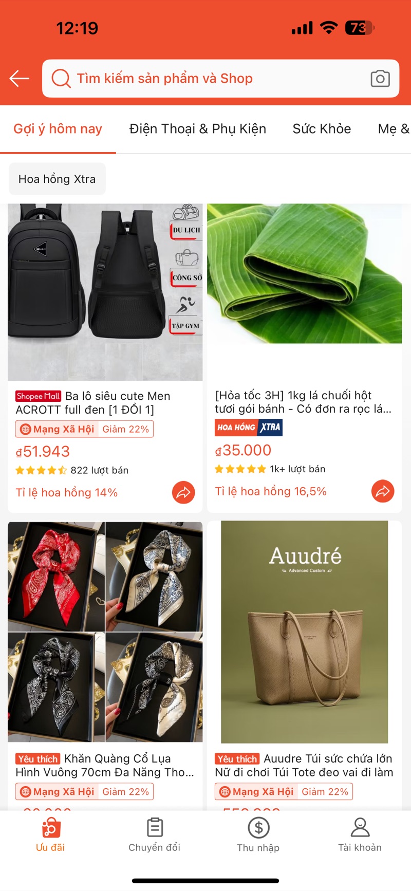 Shopee Tiếp thị liên kết: danh sách sản phẩm gợi ý kèm tỉ lệ hoa hồng và nút chia sẻ